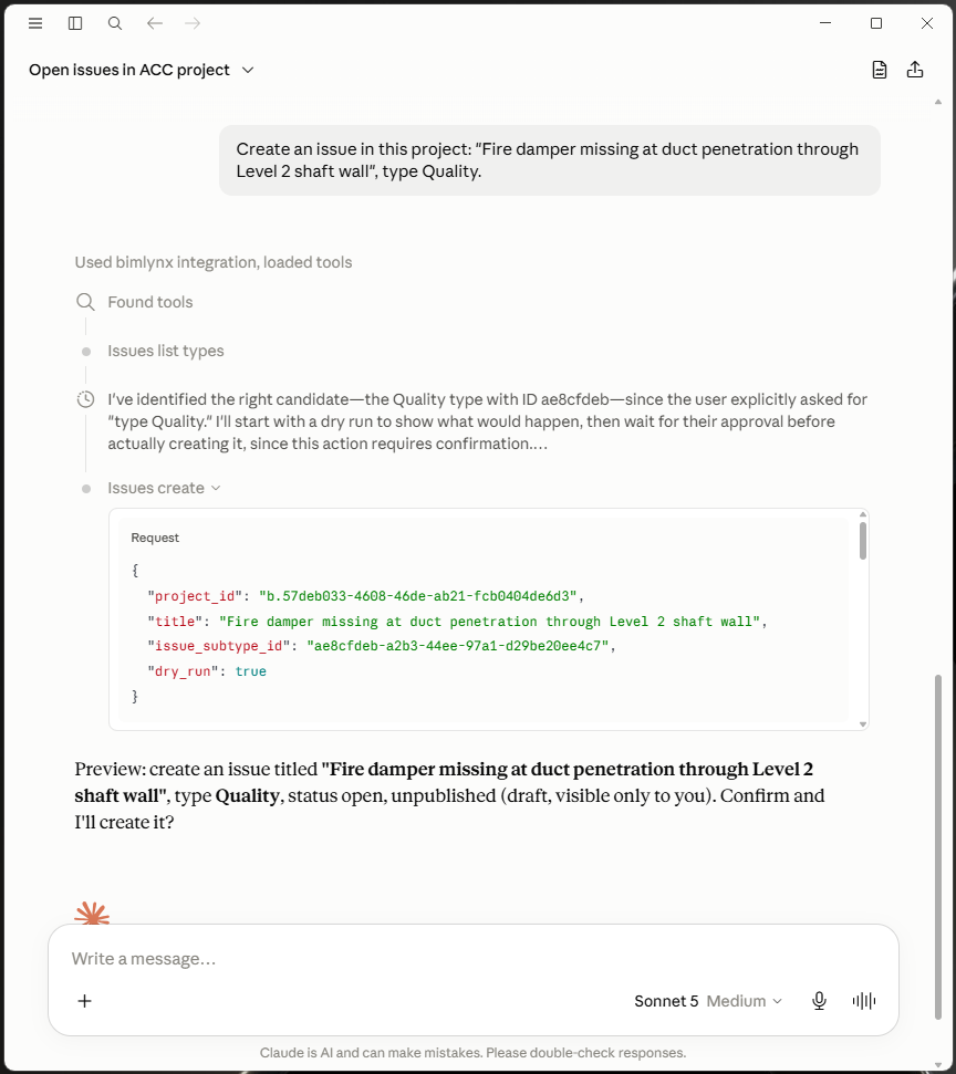 A dry-run preview of creating an issue, showing the exact request body and asking for confirmation before creating it