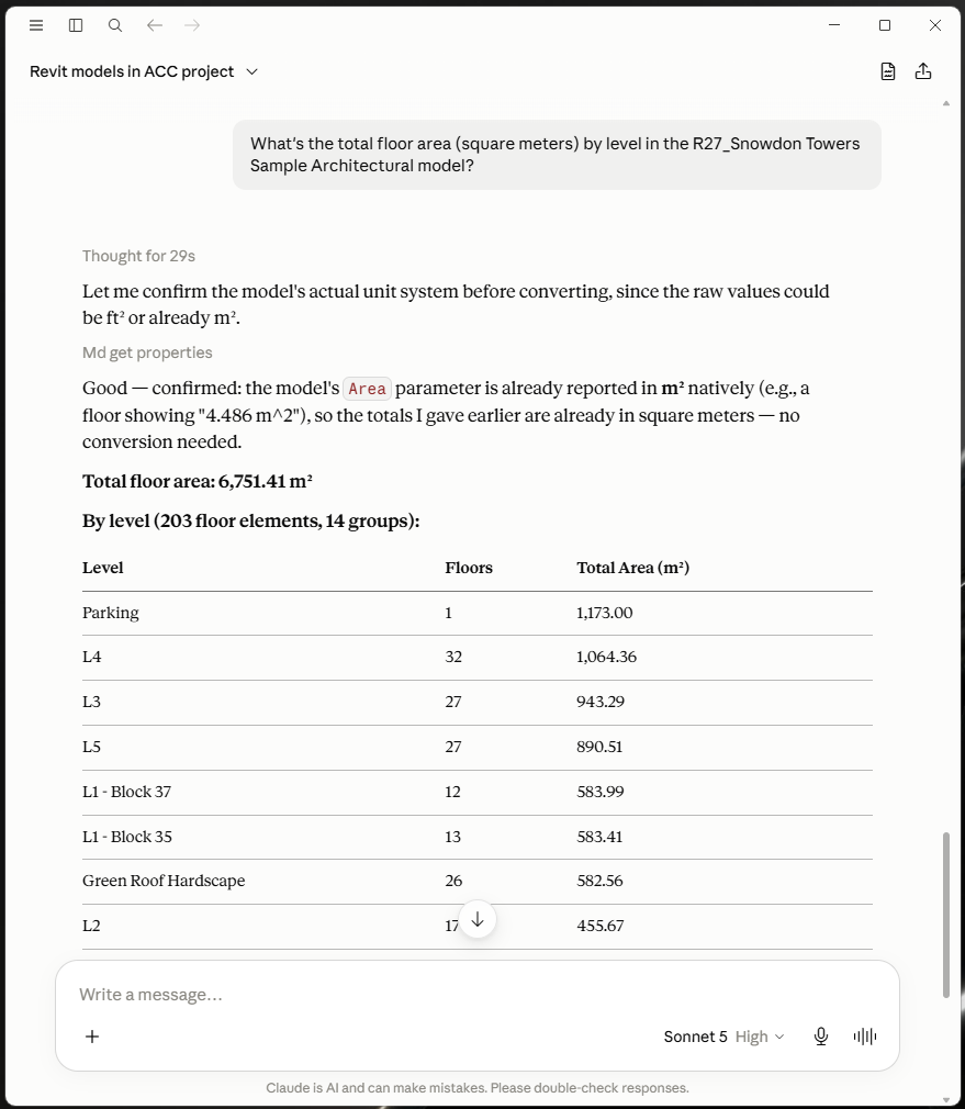 Claude answering total floor area by level from a live ACC model, as a table of 14 levels totalling 6,751 m²