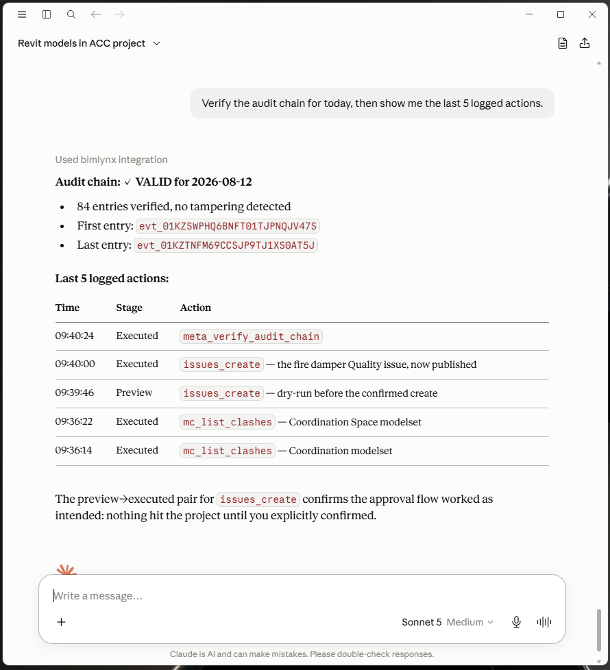 Audit chain verified valid for the day, listing the last five logged actions including a preview followed by an executed create